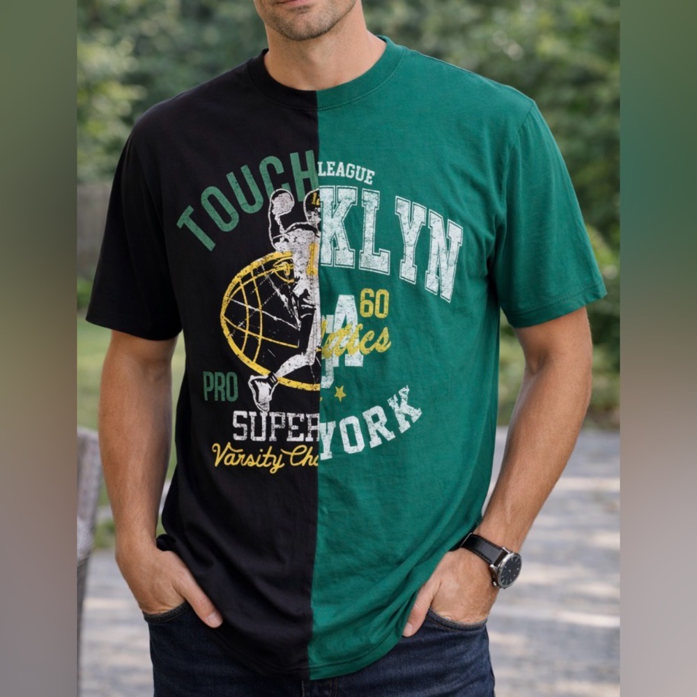 -Split T-Shirt Streetwear 50/50 Black Green Tee S/S Size Large